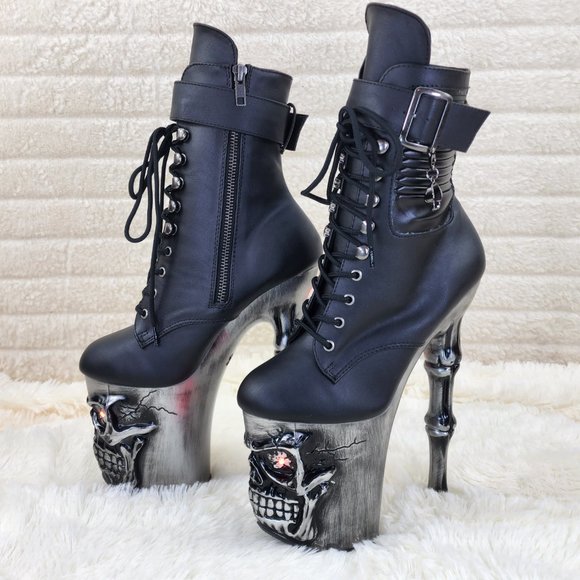Skull & Bones 8" Heel 4" Platform Ankle Boots W Vortex Static Lighted Eyes - Picture 5 of 11